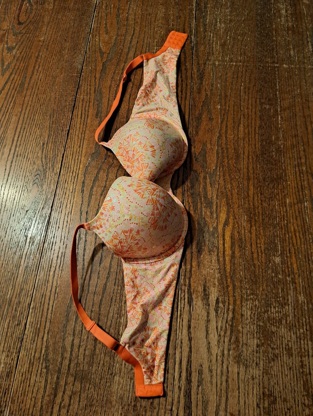 Victoria Secret Lined Demi Bra 38D Orange Floral Geometric Iridescent Sequins